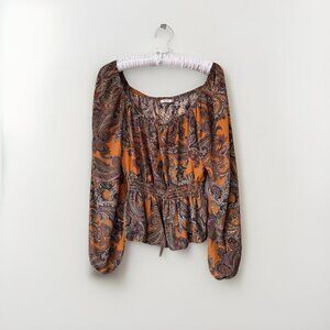 Tu Womens Size Medium Brown Purple Paisley Long Sleeve Pullover Blouse